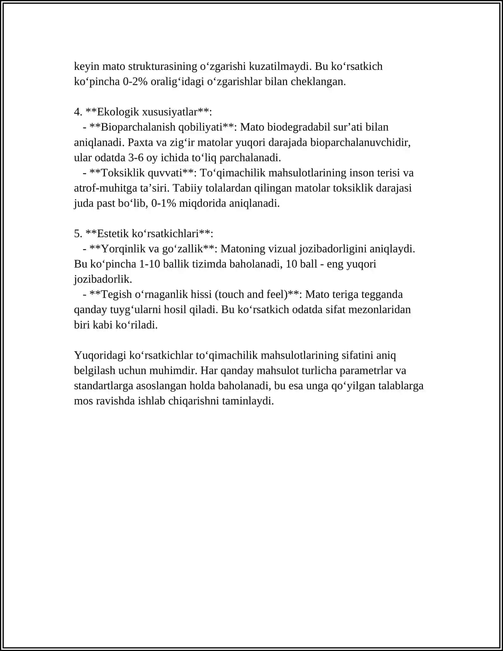 YENGIL SANOAT MAHSULOTLARINING SIFAT KO‘RSATKICHLARINI ANIQLASH 4