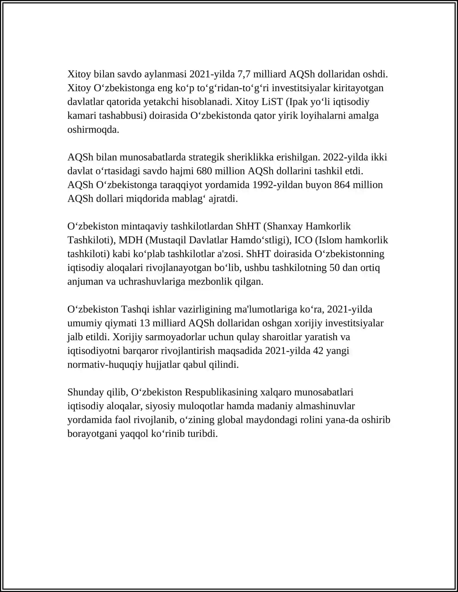 O‘zbekiston va Jahon Hamjamiyati Referat 4