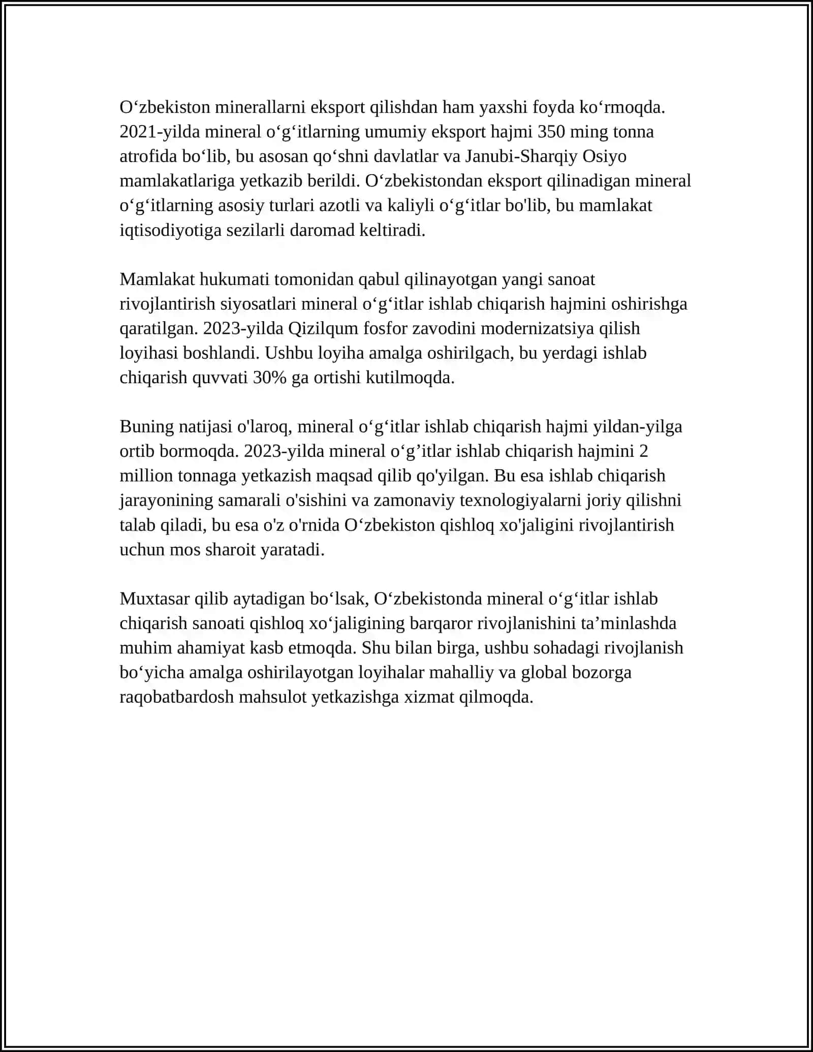 OʻZBEKISTONDA MINERAL OʻGʻITLAR VA TUZLAR ISHLAB CHIQARISH KIMYO SANOATI KORXONALARI ULARNING MAHSULOTLARI VA QOʻLLANILADIGON TEXNOLOGIYALARI 4