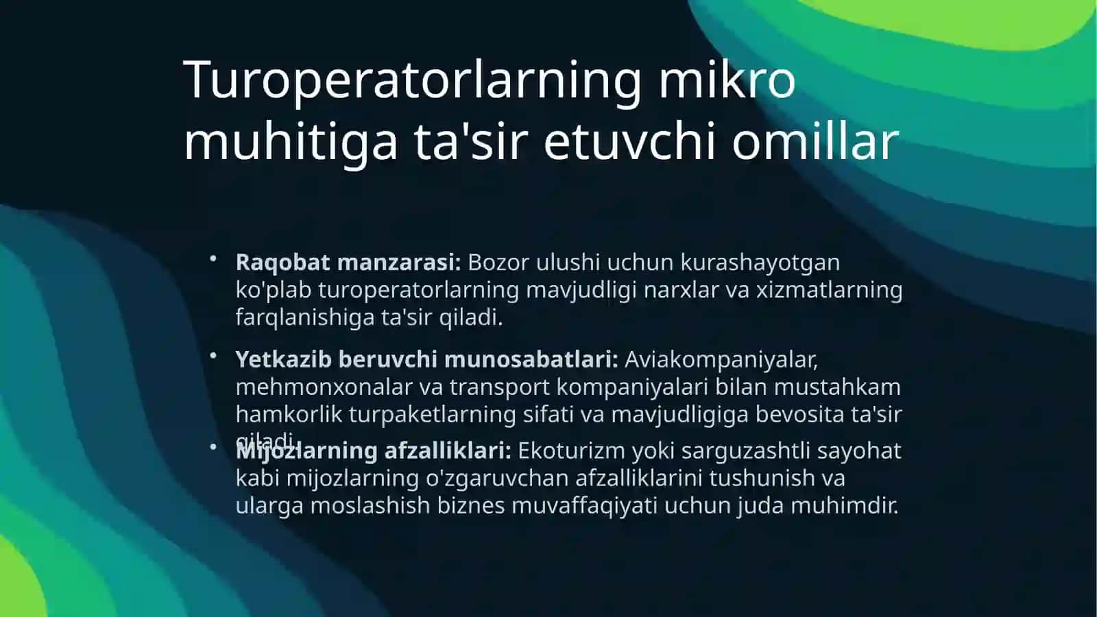 Turoperatorlarning turistik firmalarining mikro va makro muhitini o'rganish 4