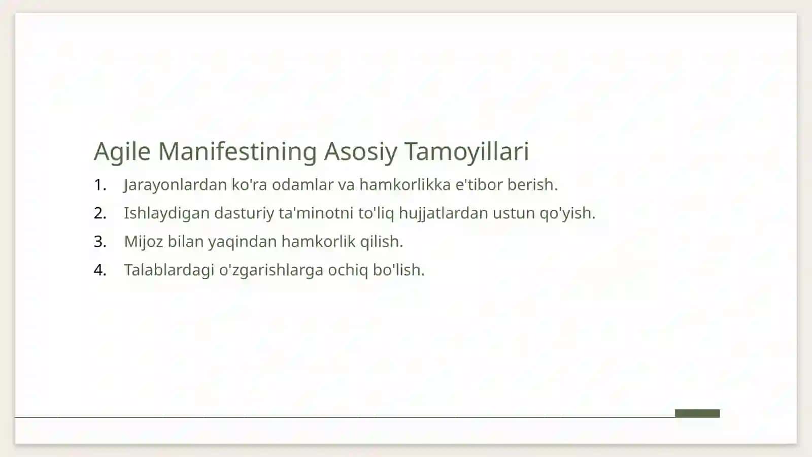 Agile (tezmoslashuvchan) dasturiy ta'minot ishlab chiqish 4