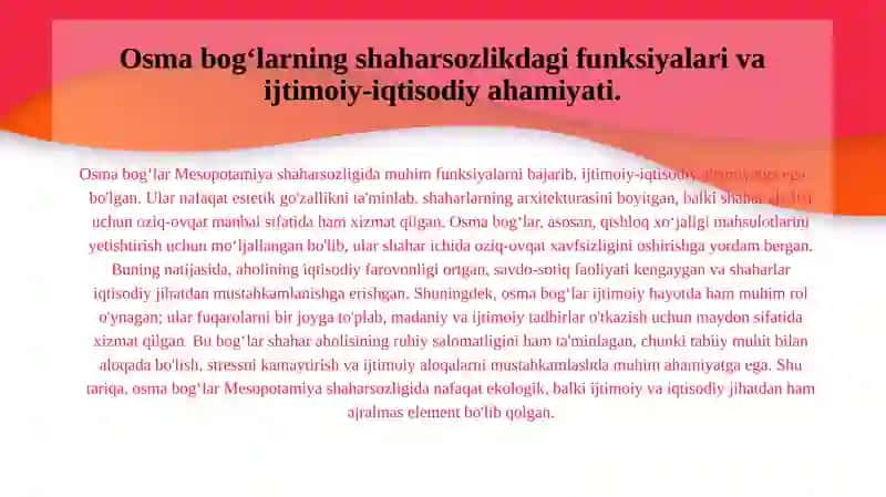 Mesopatamiya me'morchiligada osma bogʻlar va ularni shaharsozligida tutgan oʻrni 4