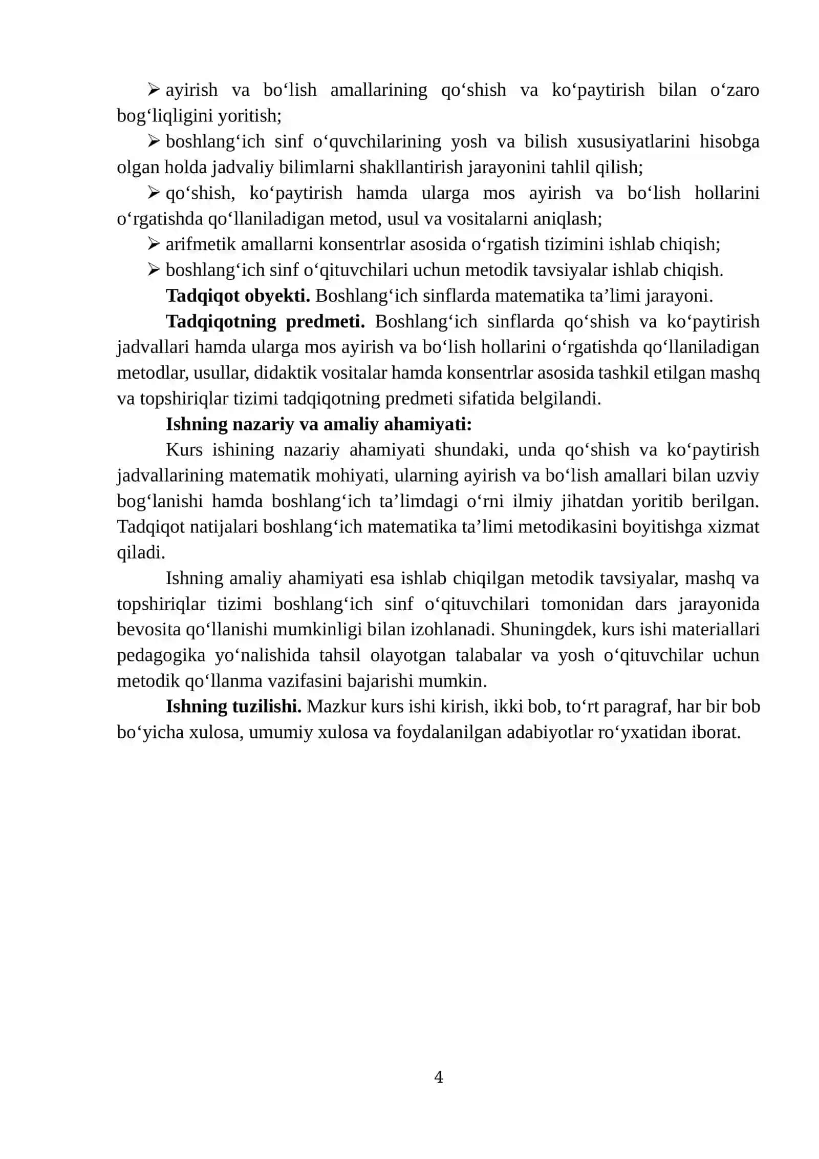 “QO‘SHISH VA KO‘PAYTIRISH JADVALLARI HAMDA ULARGA MOS AYIRISH VA BO‘LISH HOLLARINI O‘RGATISH METODIKASI” 4
