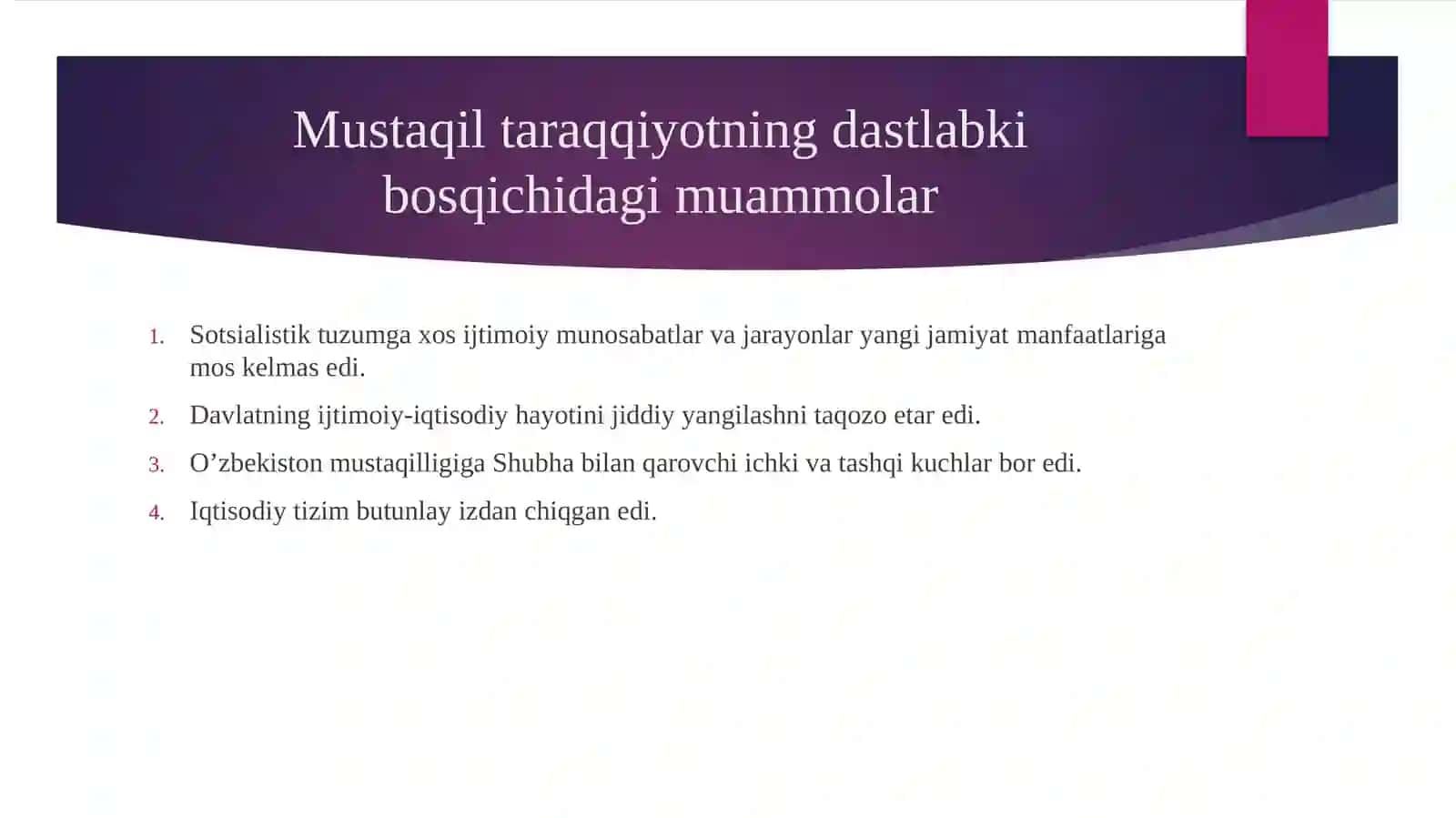O’zbekistonning o’ziga hos istiqlol va tarqiyot yo’li 4