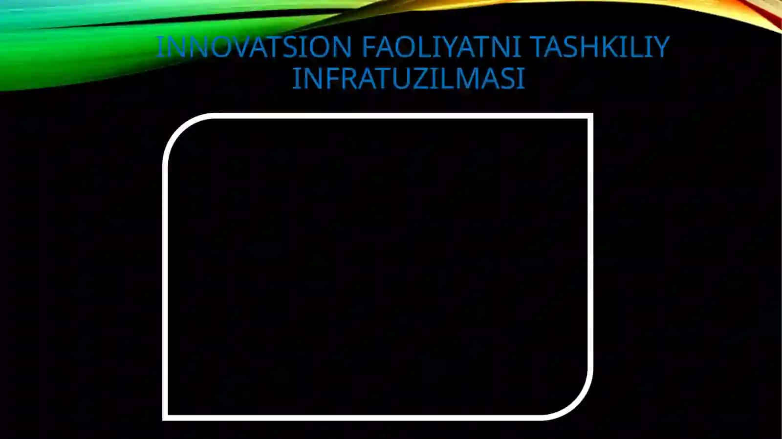 1. Innovatsion faoliyat infratuzilmasini tashkiliy-iqtisodiy mexanizmlari. 2. Innovatsion iqtisodiyotni rivojlantirish omillari. 3. Innovatsion iqtisodiyotda inson omilini faollashtirish. 4