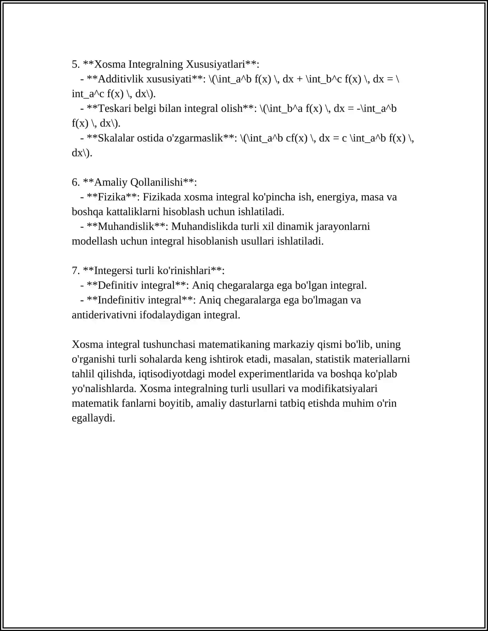 MUSTAQIL ISH Mavzu: XOSMAS INTEGRALLAR.CHEKSIZ ORALIQ BOʻYICHA XOSMAS INTEGRAL 4