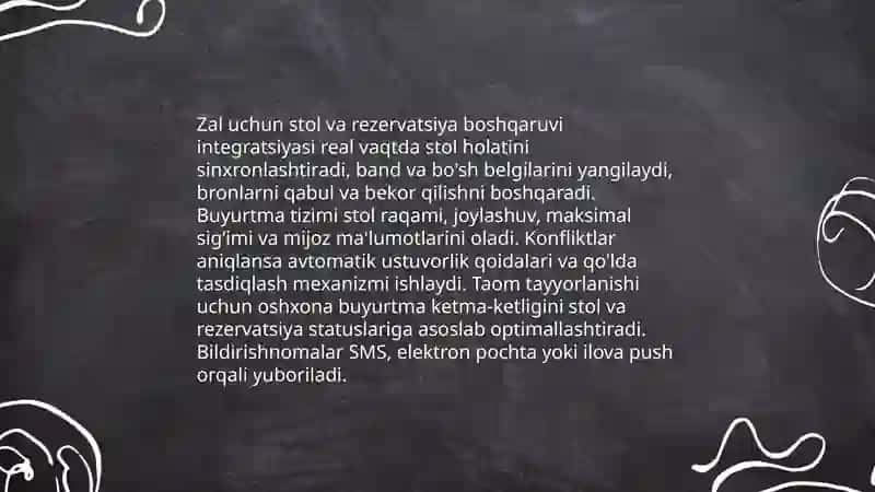 Umumiy ovqatlanish shaxobchasi (Restoran biznesi) uchun AT ishlab chiqish "Buyurtmani qayta ishlash" moduli (zal va oshxona) 4
