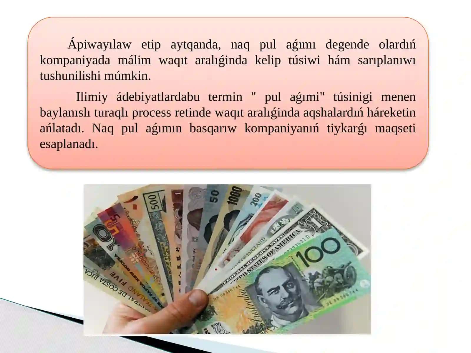 Pul islew tuwrısındaǵı esabat maǵlıwmatlarına kóre shólkemdiń pul aǵısların analiz qılıw paydası kásip etedi 4