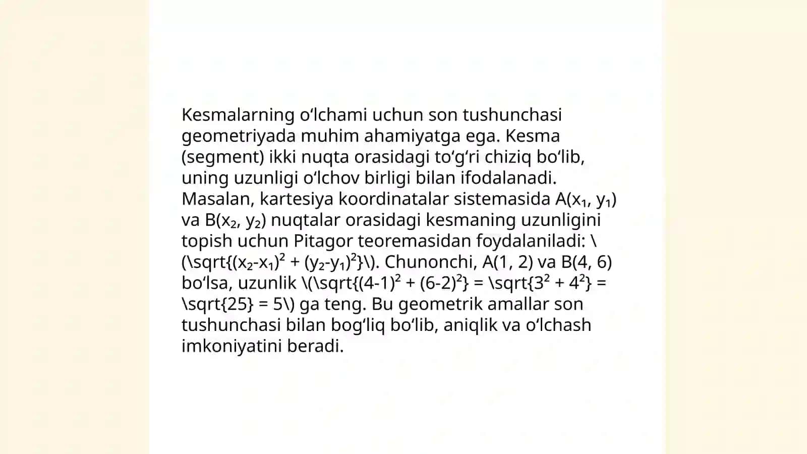 Kesmalarning oʻlchami sifatida qaralgan sonlar ustida arifmetik amallar taʼrifi va amallar bajarish xossalari 4