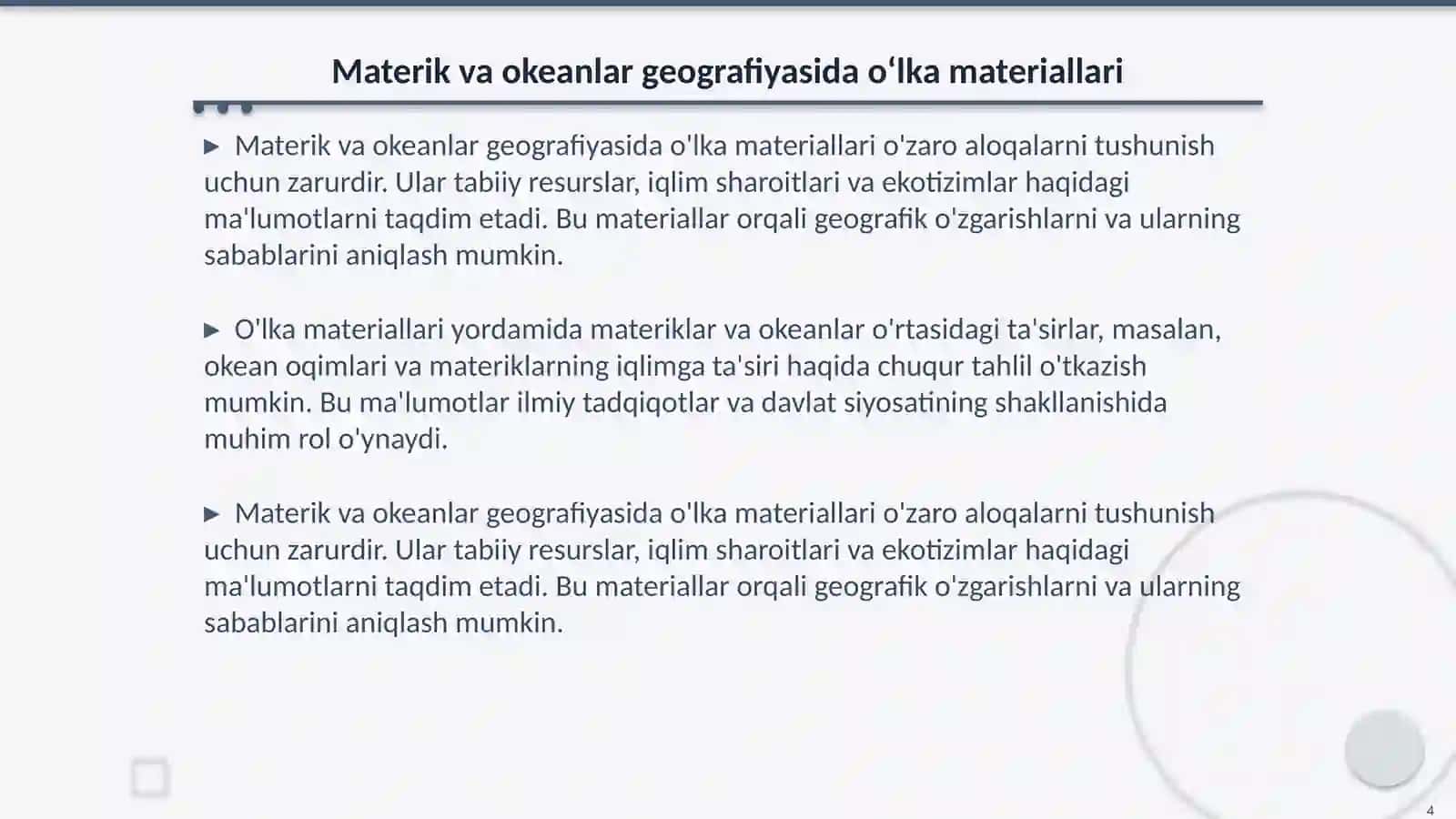 Materik va okeanlar tabiiy geografiyasini oʻrganishda oʻlka materiallaridan foydalanish 4