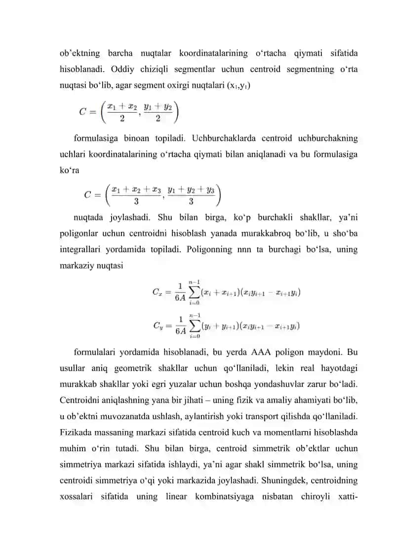 Markaziy nuqtani (centroid) aniqlash usullari: Geometrik ob'ektlar uchun markaziy nuqtani hisoblash algoritmiga nazar 4