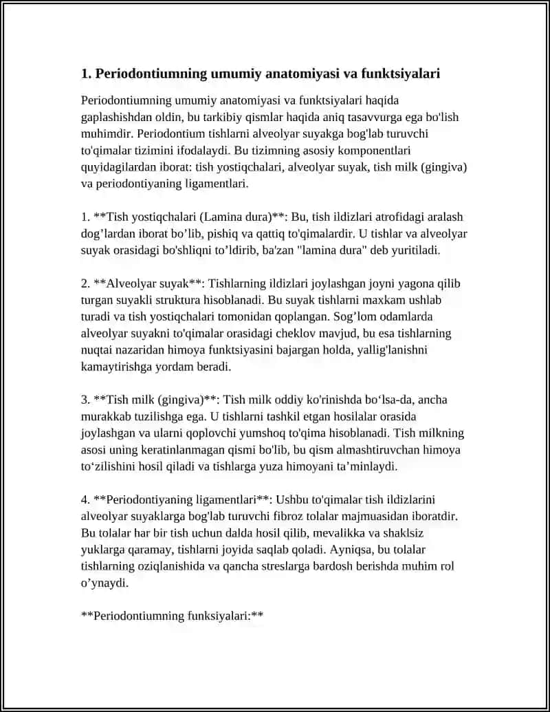 PERIODONTAL TO'QIMALARNING ANATOMIK VA FUNKTSIONAL XUSUSIYATLARI. TISHLARNING BIOFIZIKASI. TISH BO'SHLIG'INING BARQARORLIGINI TA'MINLOVCHI OMILLAR. 4