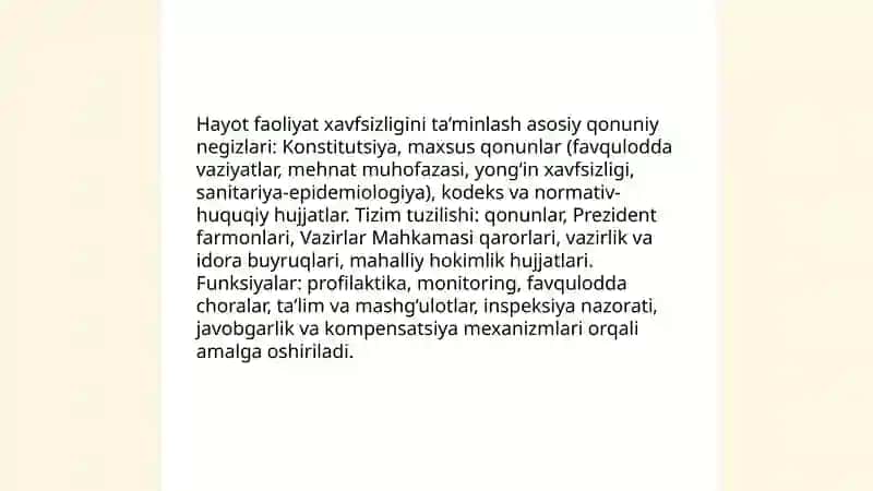 O‘zbekiston Respublikasida hayot faoliyat xavfsizligini ta’minlash bo‘yicha qabul qilingan qonun va me’yoriy hujjatlar tizimi 4