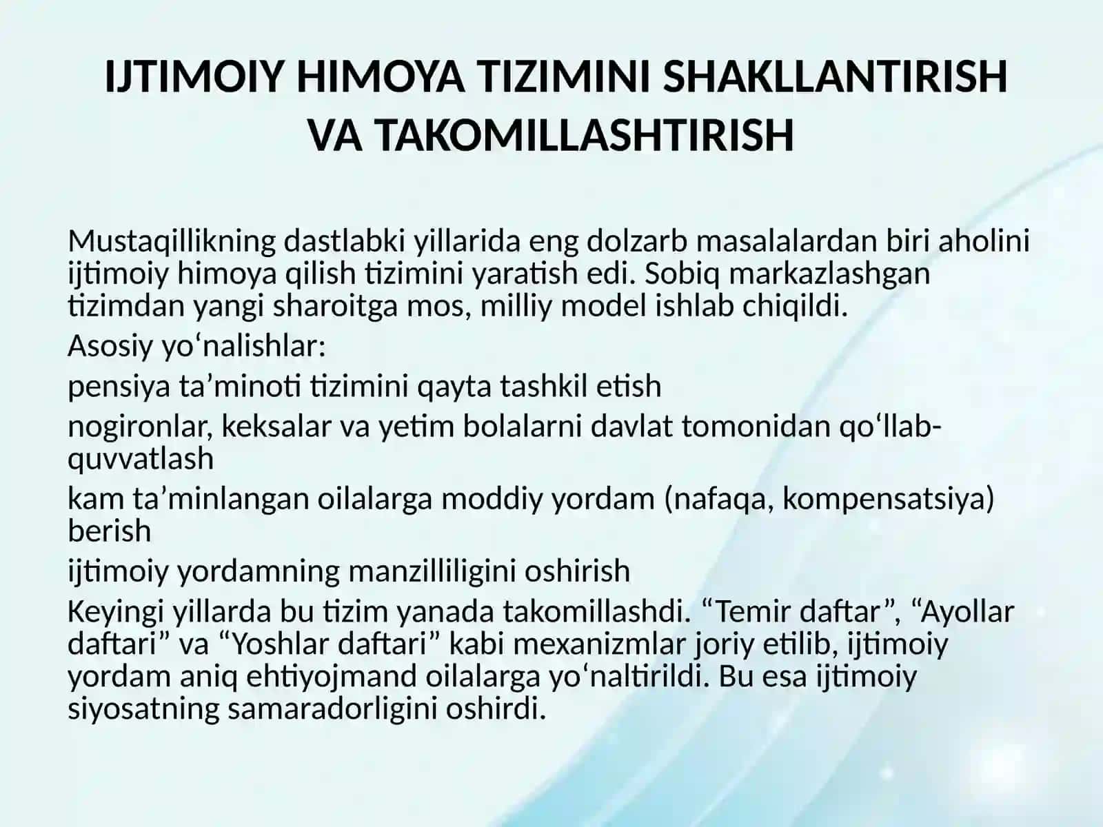 O‘ZBEKISTON RESPUBLIKASIDA 1991-YILDAN HOZIRGI KUNGACHA IJTIMOIY SOHADA AMALGA OSHIRILGAN ISLOHOTLAR 4
