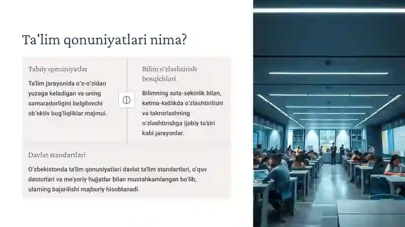 Ta'limning asosiy qonuniyatlari, tamoyillari, mazmuni, metodlari, turlari va zamonaviy yondashuvlari, xususan, STEAM ta'limi hamda ta'lim olganlikni tashxis etish masalalari atroflicha ko‘rib chiqiladi. O‘zbekistonda ta'lim sohasidagi so‘nggi yangiliklar va kelajakdagi vazifalar ham muhokama qilinadi. 4