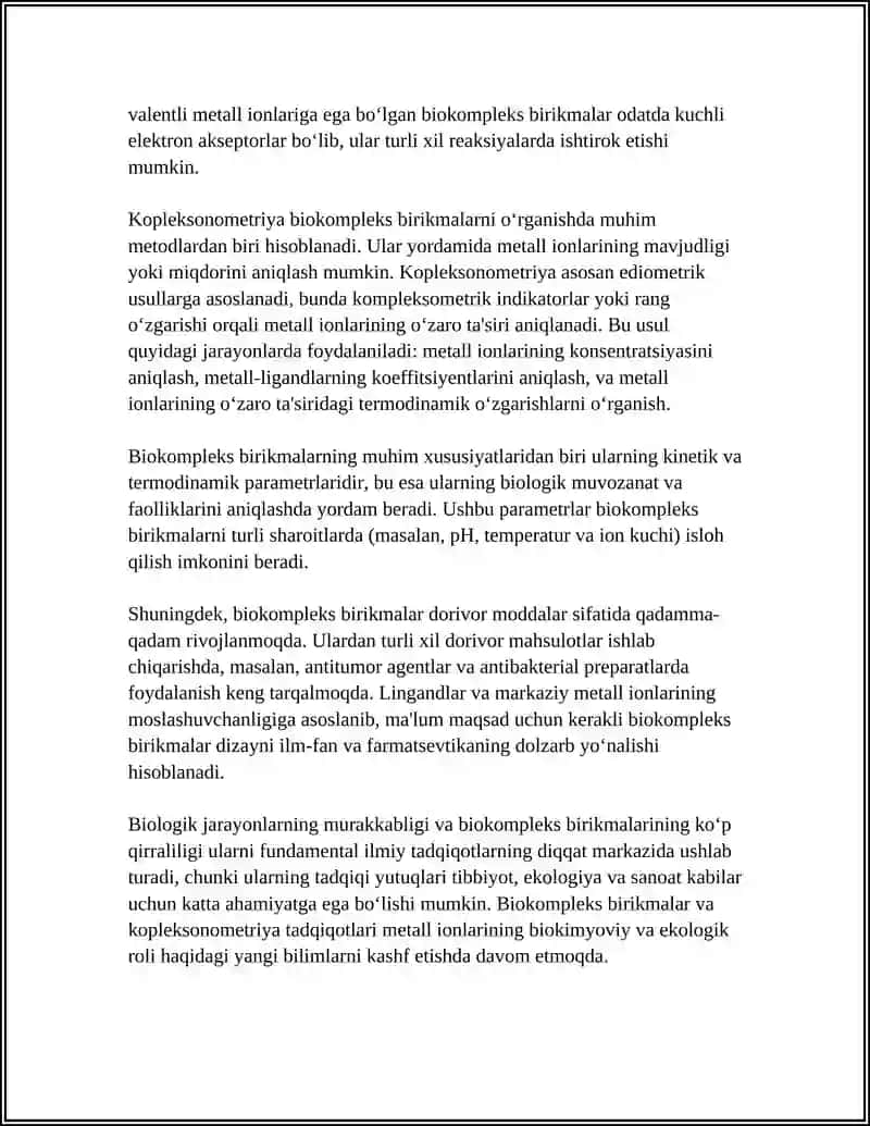 BIOKOMPLEKS BIRIKMALAR. KOPLEKSONOMETRIYA 4