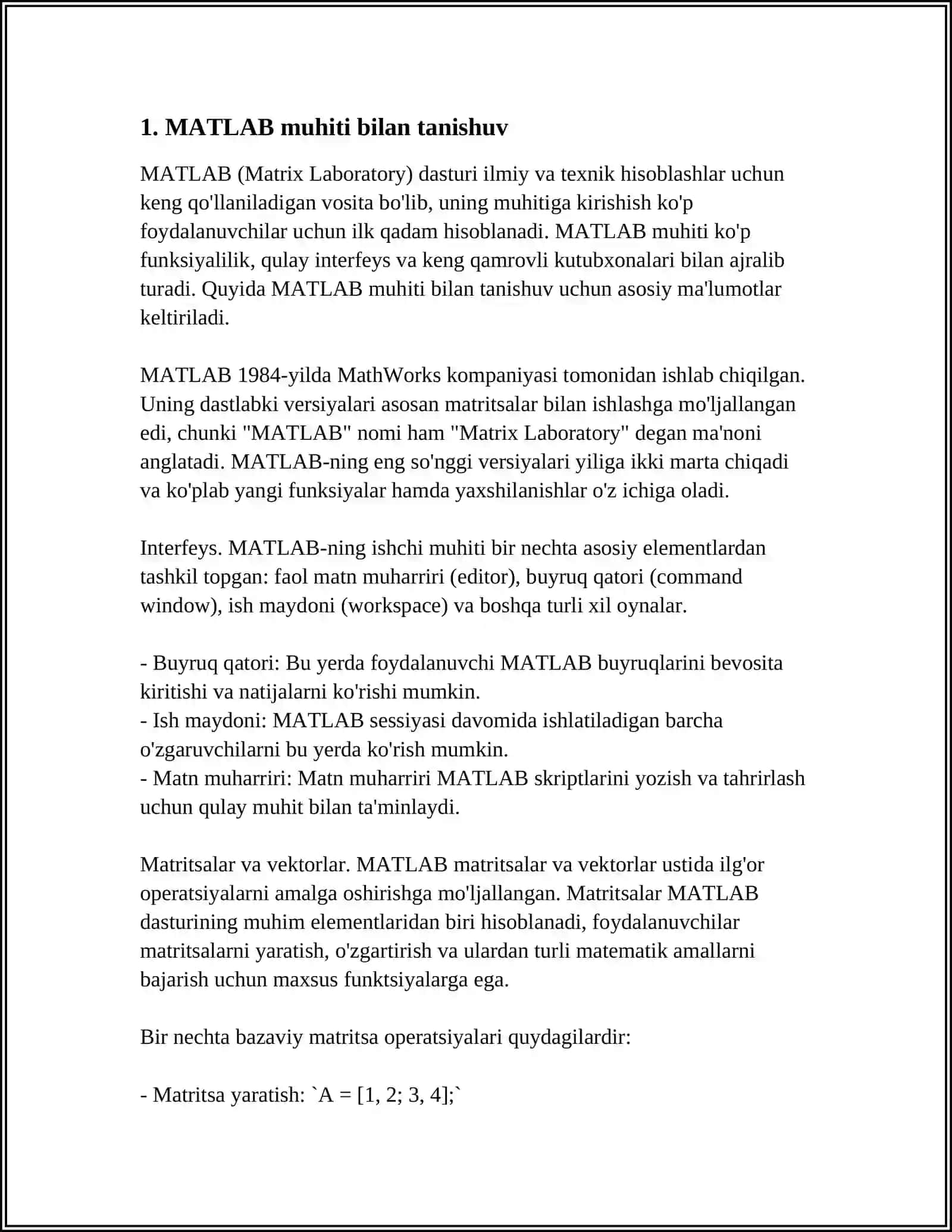 MATLAB MUHITI HAQIDA UMUMIY TUSHUNCHA 4