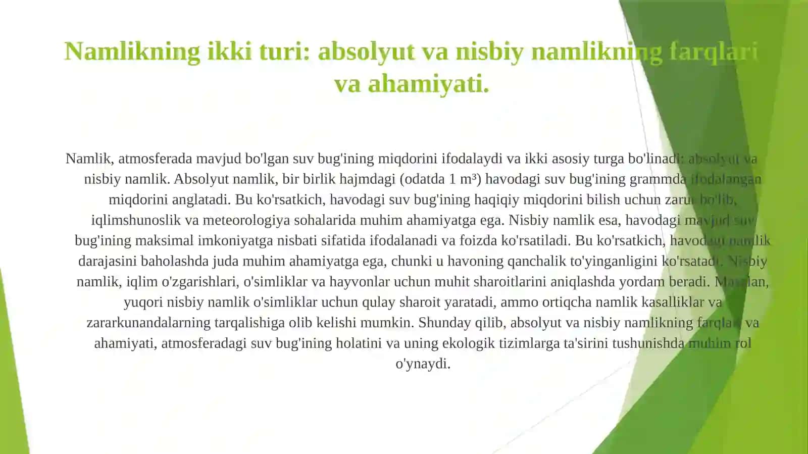 Konveksiya. Absalyut va nisbiy namlik. Nam havoning molekulyar massasi 4