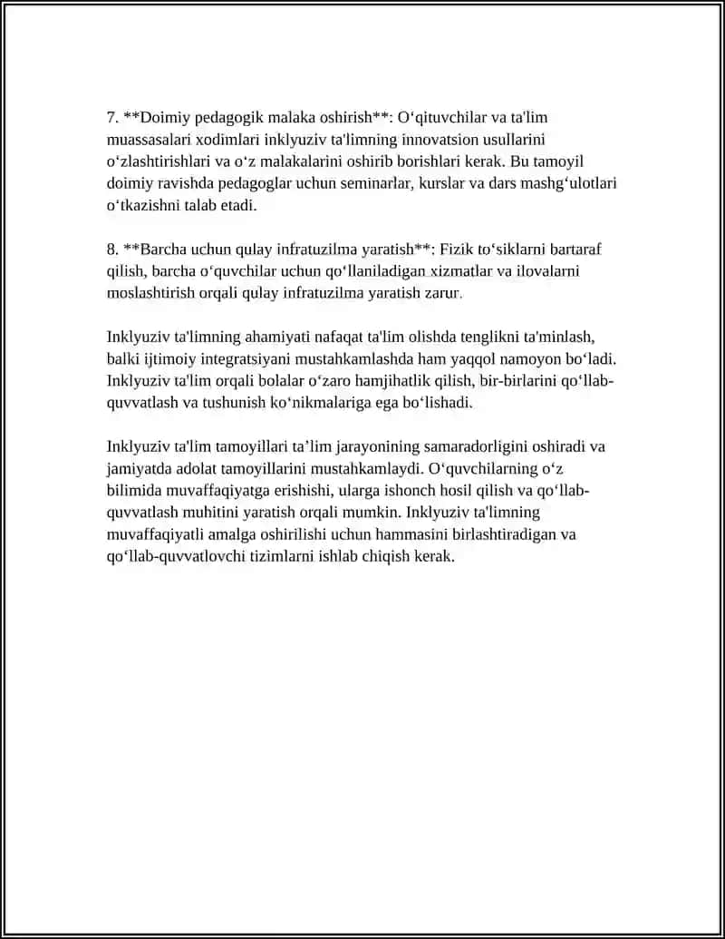 INKLYUZIV TALIMNING TAMOYILLARI VA UNGA BO‘LGAN EHTIYOJLAR VA UNING SABABLARI BOSQICHLARI 4