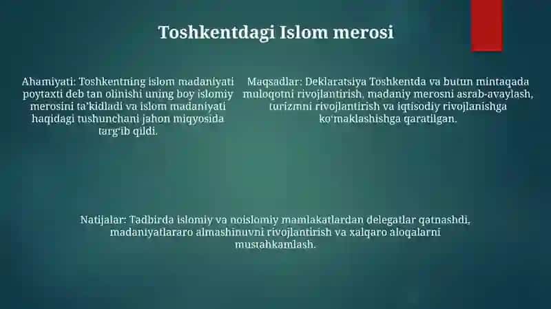 2007-Yil Toshkent - Islom Madaniyati Poytaxti Deb EʼLon Qilinishining Mazmuni VaMohiyati 4