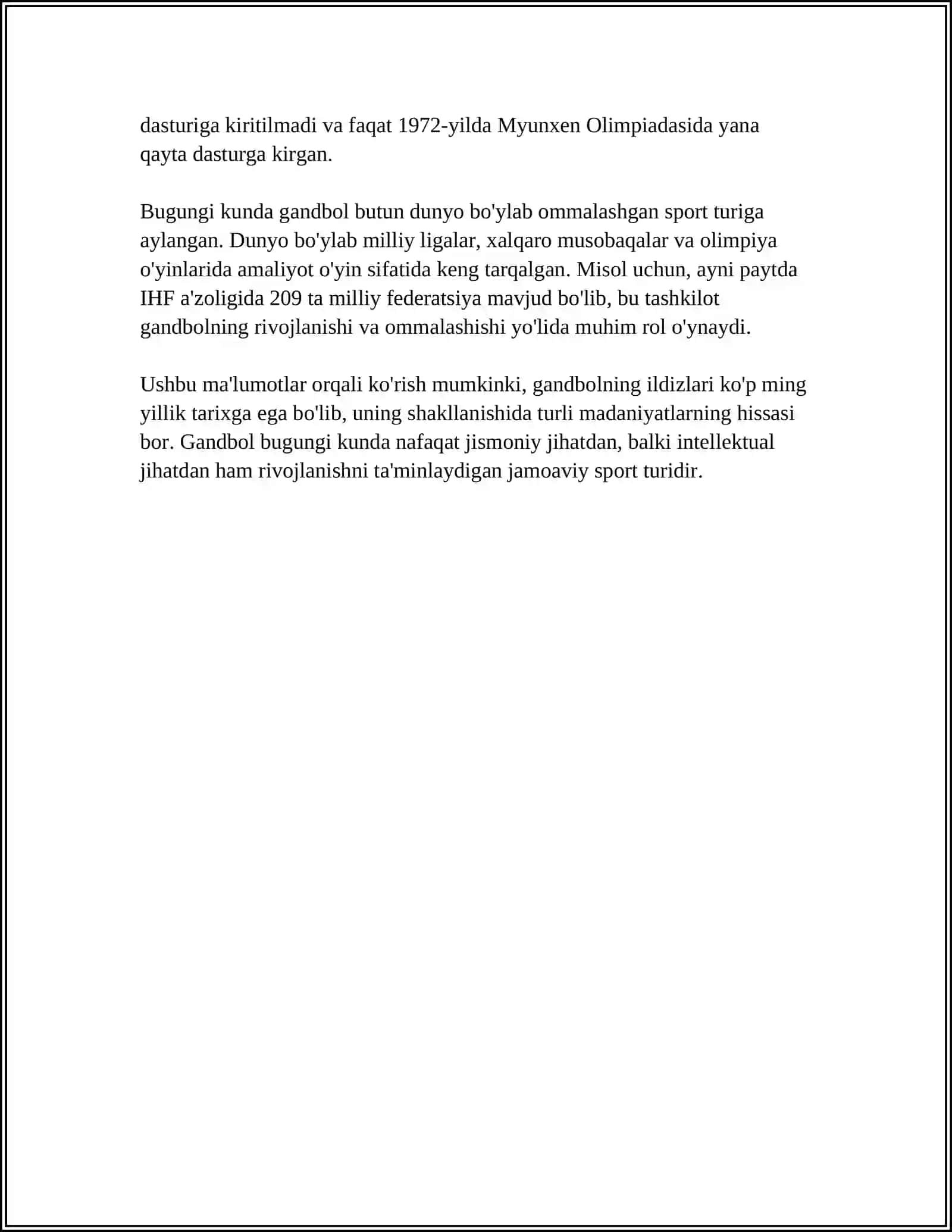 GANDBOL OʻYININING TARIXI 4
