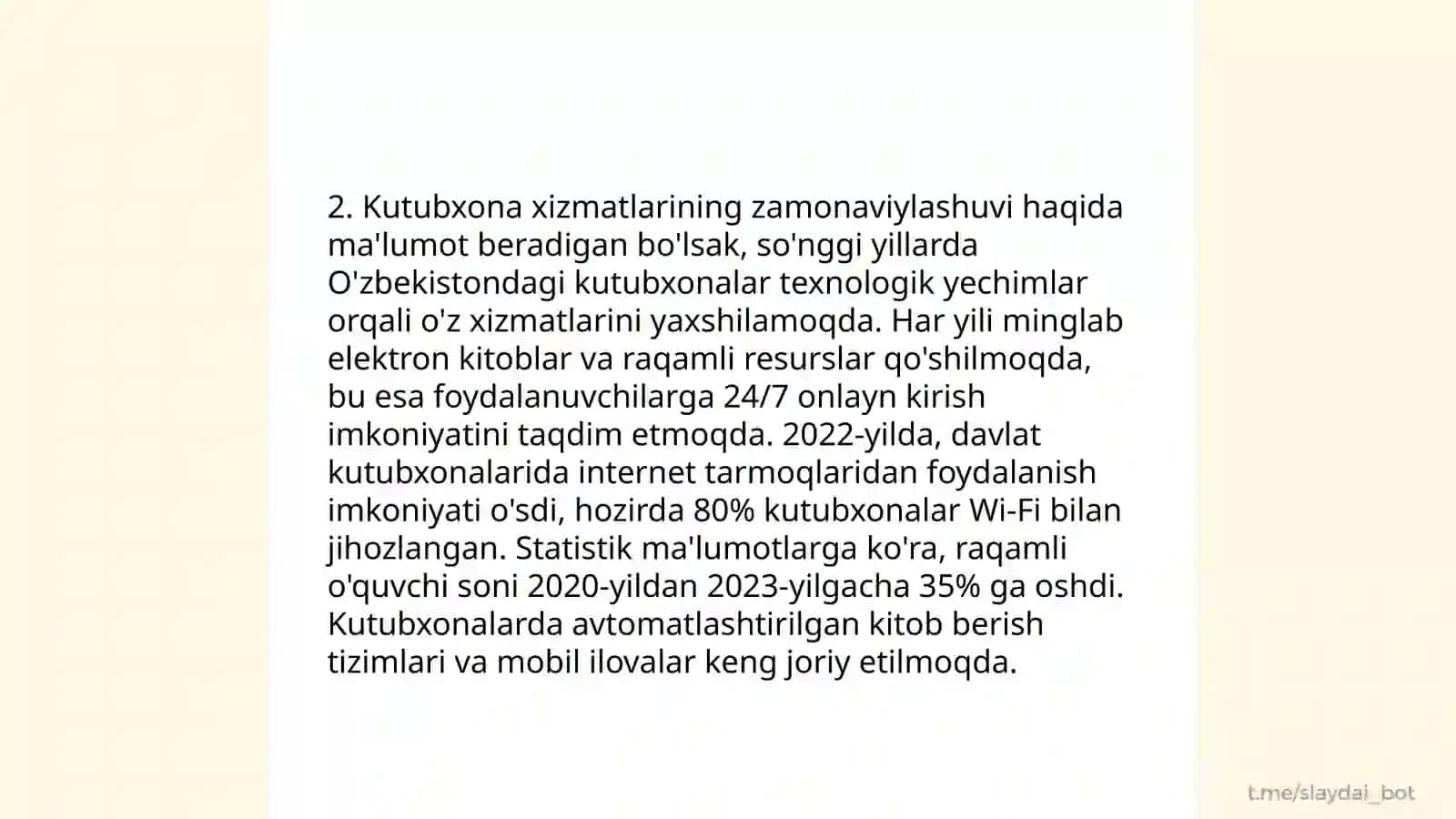 Axborot-kutubxona markazi (kutubxona) faoliyatini tashkil etish va rivojlantirish tendensiyalari Davlatimiz va xorijiy davlatlar ilm-fanining bibliografiya axborot soxasidagi tajribalari 4