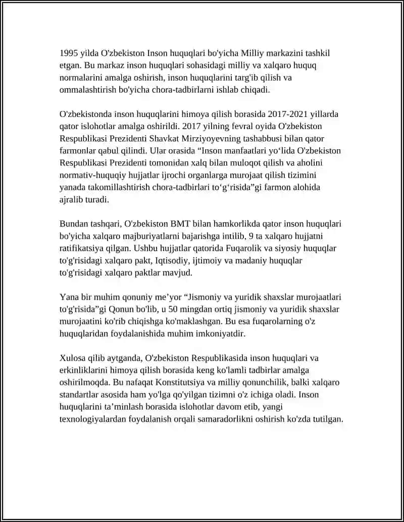 YANGI OʻZBEKISTONDA INSON HAQ-HUQUQLARI VA ERKINLIKLARI KAFOLATINI YARATILISHI 4