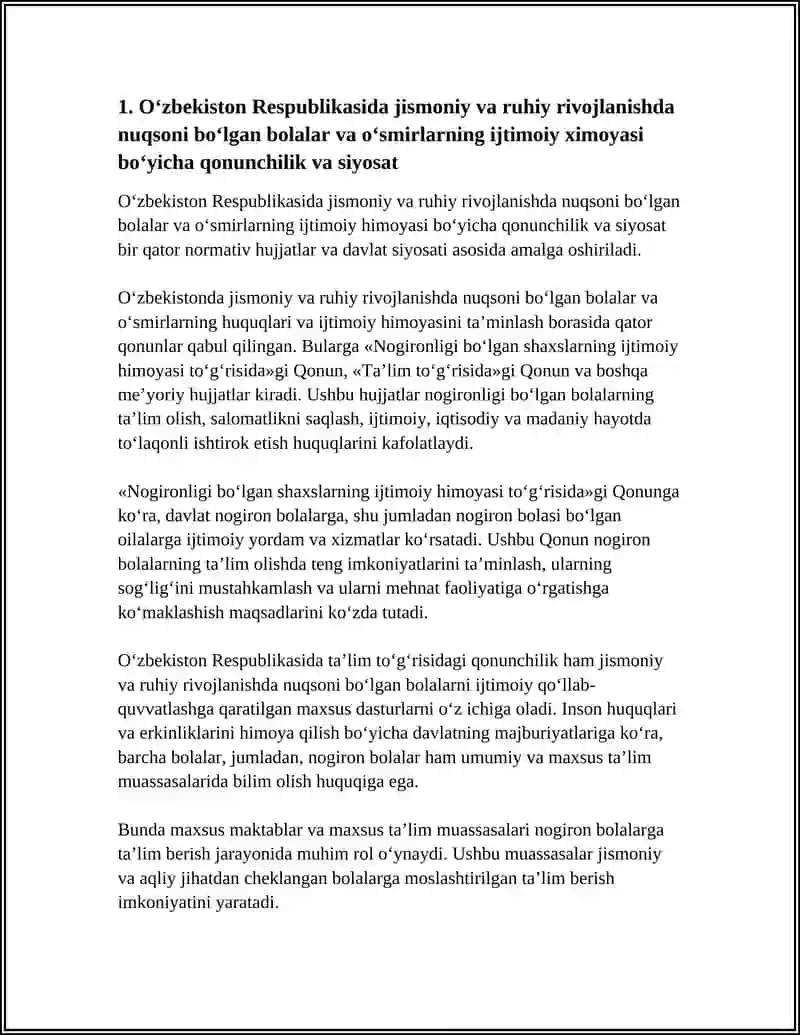 O‘zbekiston Respublikasida jismoniy va ruhiy rivojlanishda nuqsoni bo‘lgan bolalar va o‘smirlarning ijtimoiy ximoyasi 4