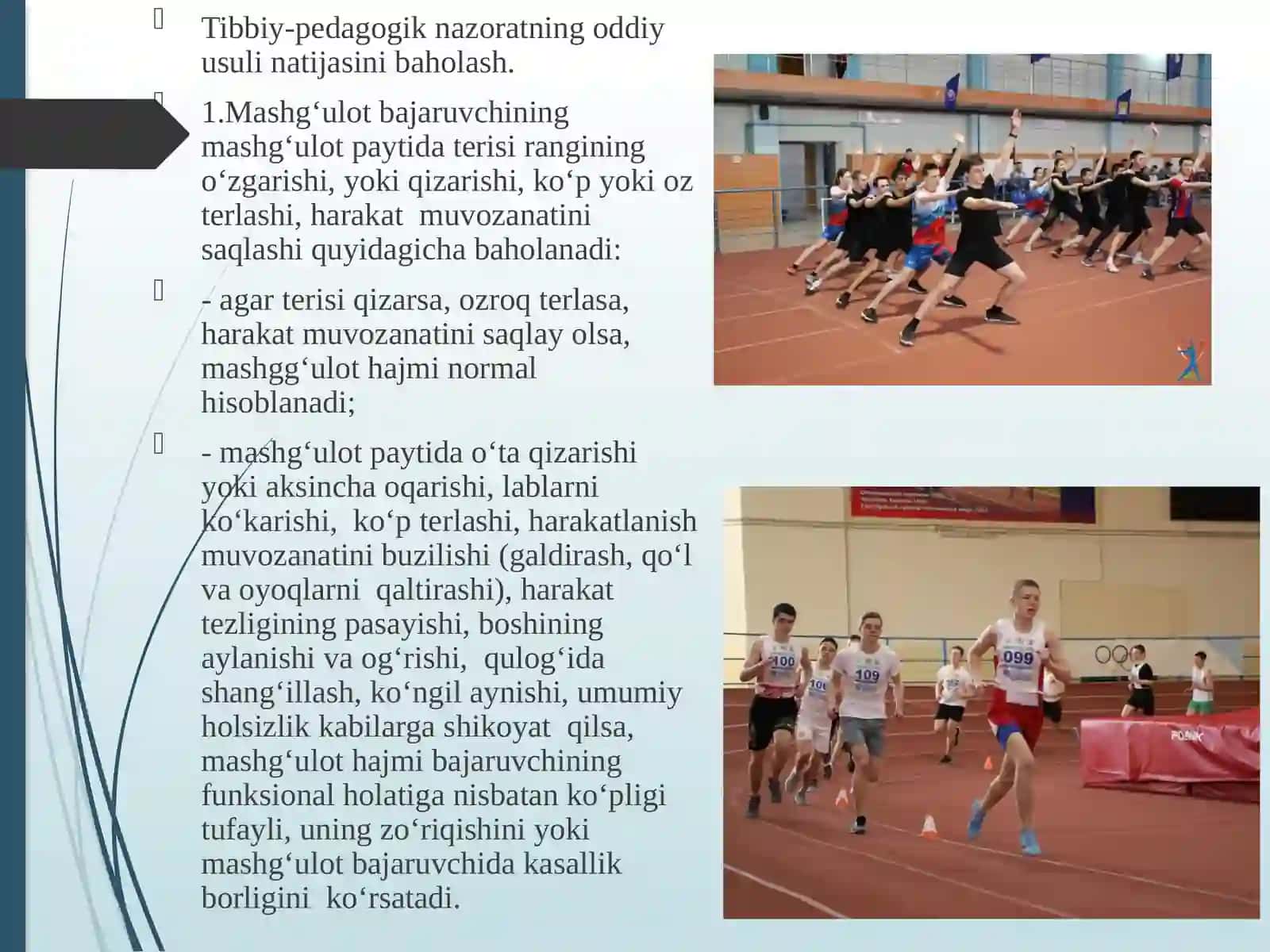 AMALIY MASHG‘ULOT № 6 SPORT VA JISMONIY TARBIYA BILAN SHUGʻULLANISH JARAYONIDAGI TIBBIY PEDAGOGIK NAZORAT.TAKRORIY VA QOʻSHIMCHA YUKLAMALI SINAMALAR. OʻTKAZISH USLUBI. OLINGAN NATIJALARNI BAHOLASH.JISMONIY TARBIYA VA SPORT BILAN SHUGʻULLANUVCHI BOLALAR, OʻSMIRLAR VA AYOLLARDA TPN 4