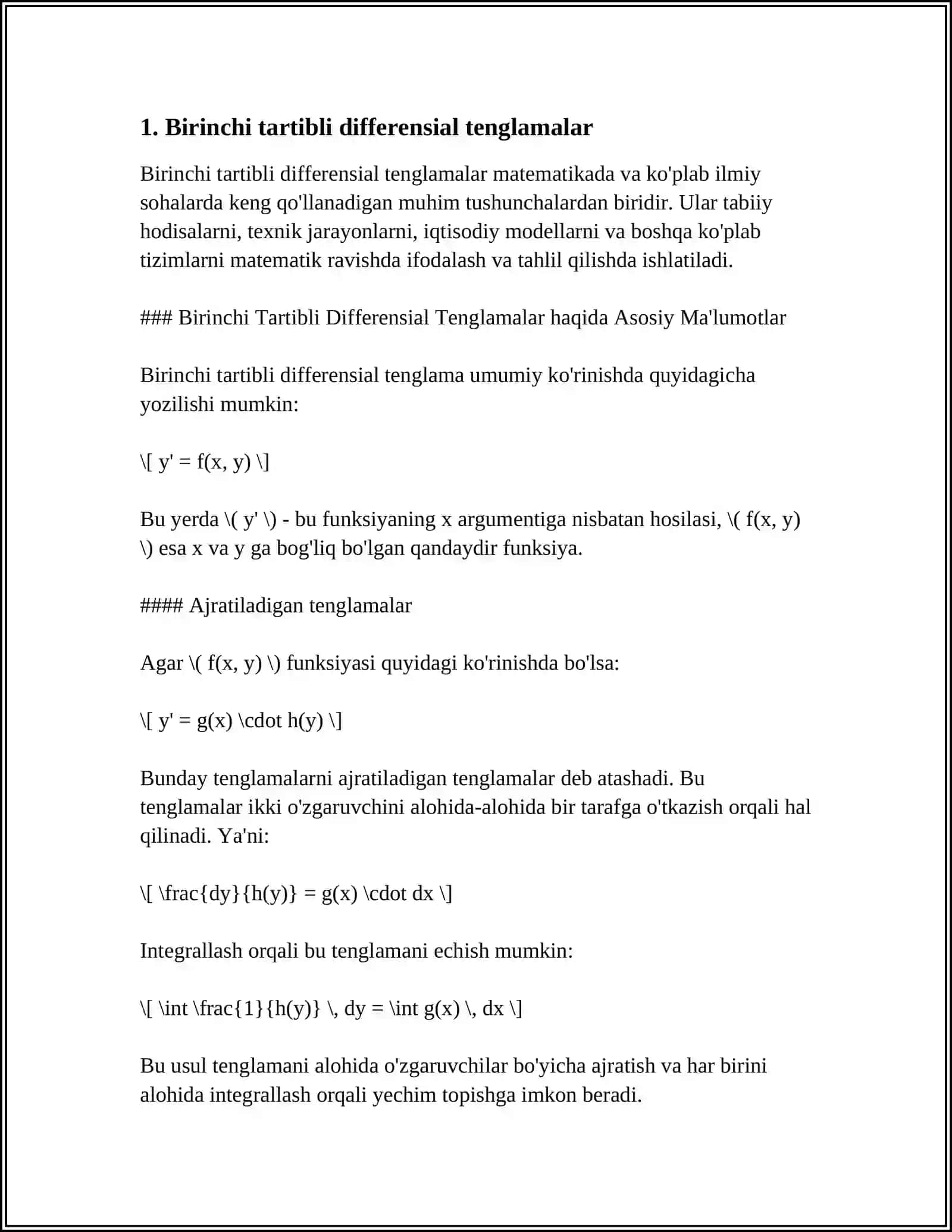 BIRINCHI TARTIBLI DIFFERENSIAL TENGLAMANING MAXSUS YECHIMI.KLERO TENGLAMASI. LAGRANJ TENGLAMASI 4