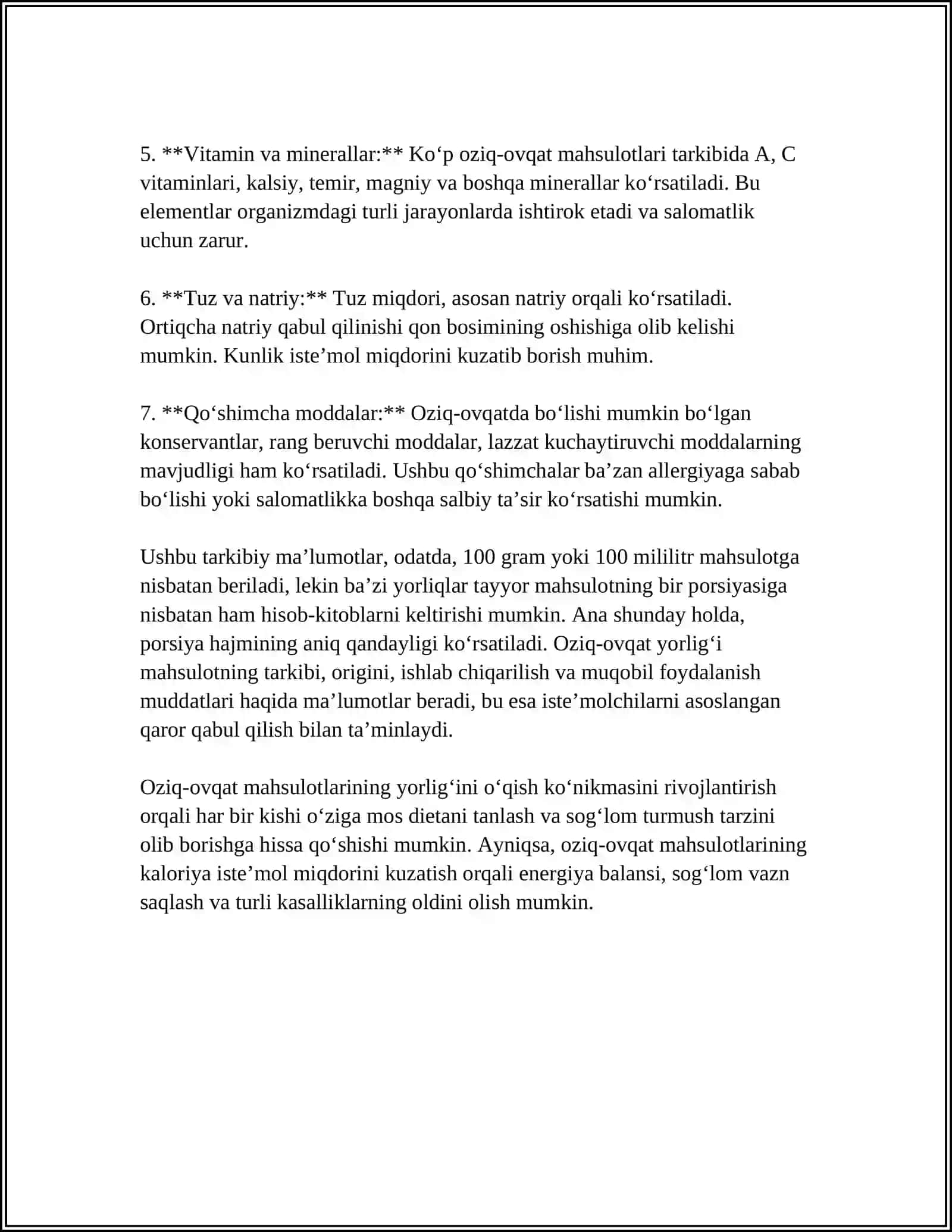 OZIQ-OVQAT MAHSULOTLARINING TARTIBI FOYDALI VA ZARARLI XUSUSIYATLARINI YORLIQLARI ORQALI OʻRGANISH 4