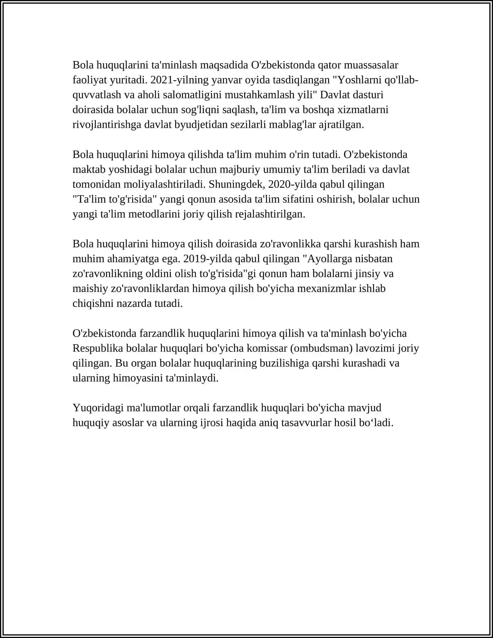 YUNESKO TASHKILOTINING BOLALAR HUQUQLARINI HIMOYA QILISH TO'G'RISIDAGI KONVENSIYA 4