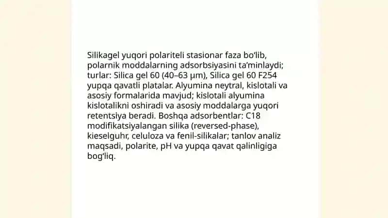 Yupqa qavatli xromatografiya usullari yordamida moddalar analizi 4