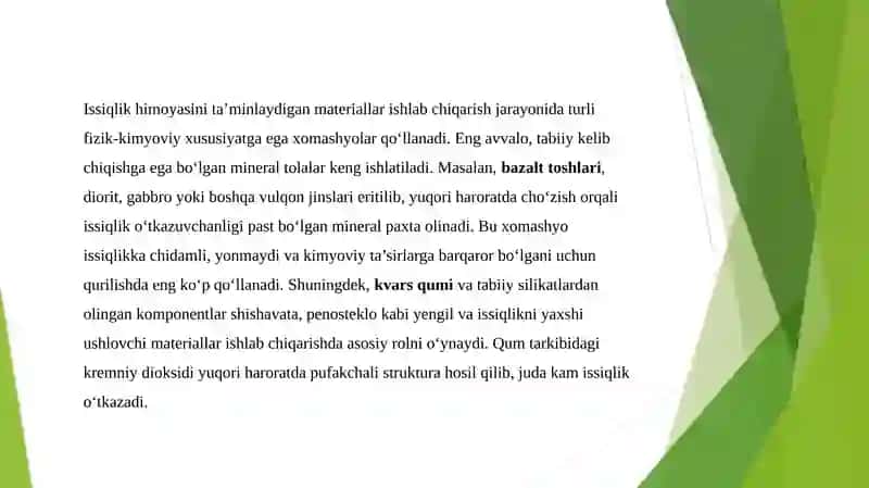 Issiqlik himoyalovchi materiallar ishlab chiqarishda ishlatiladigan xomashyolar 4
