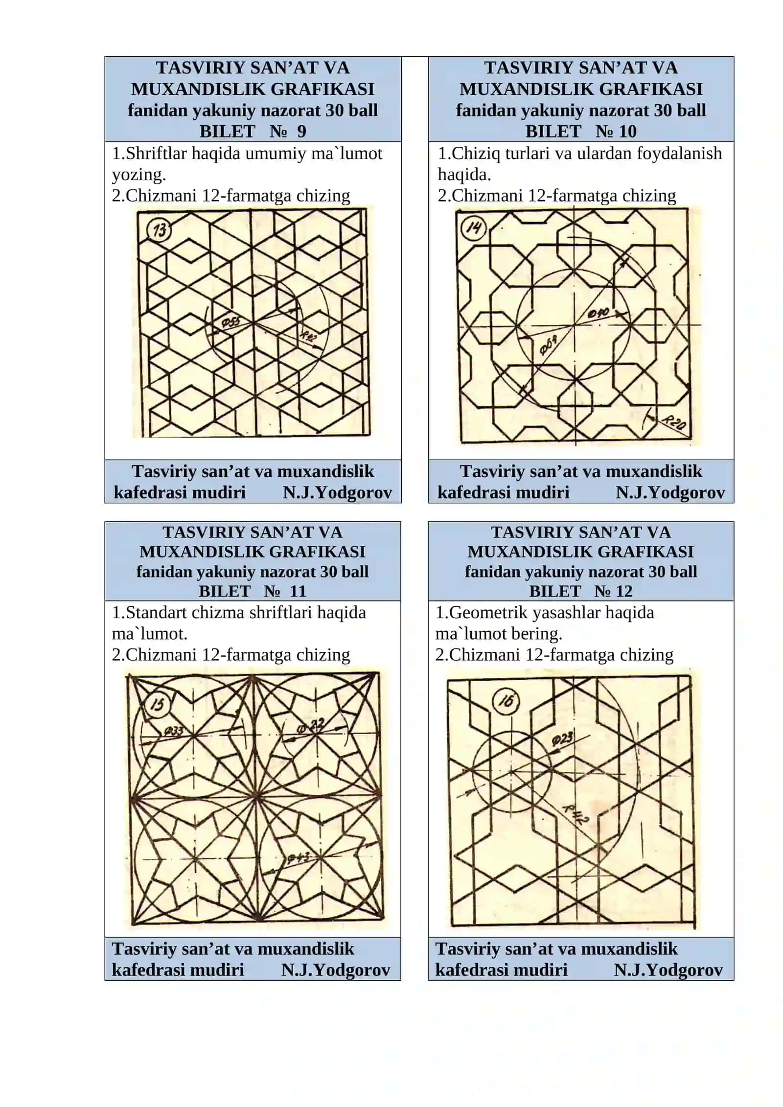 Tasviriy San'at va Muhandislik Grafikasi | Yakuniy Nazorat Biletlari | 24 ta Bilet | Baholash Mezonlari | DOCX 4
