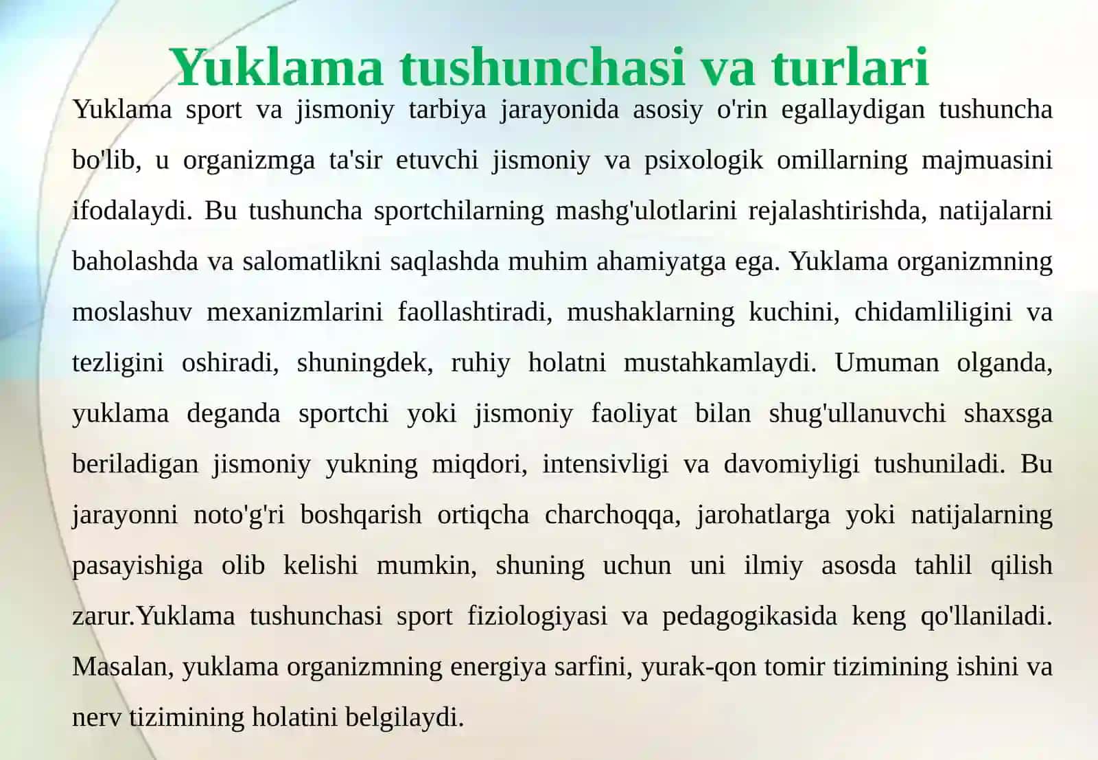 Yuklama Haqida Tushuncha, Mashg‘ulot Yuklamasining Hajmi, Shiddati va Orasidagi Dam Olishning Ahamiyati 4