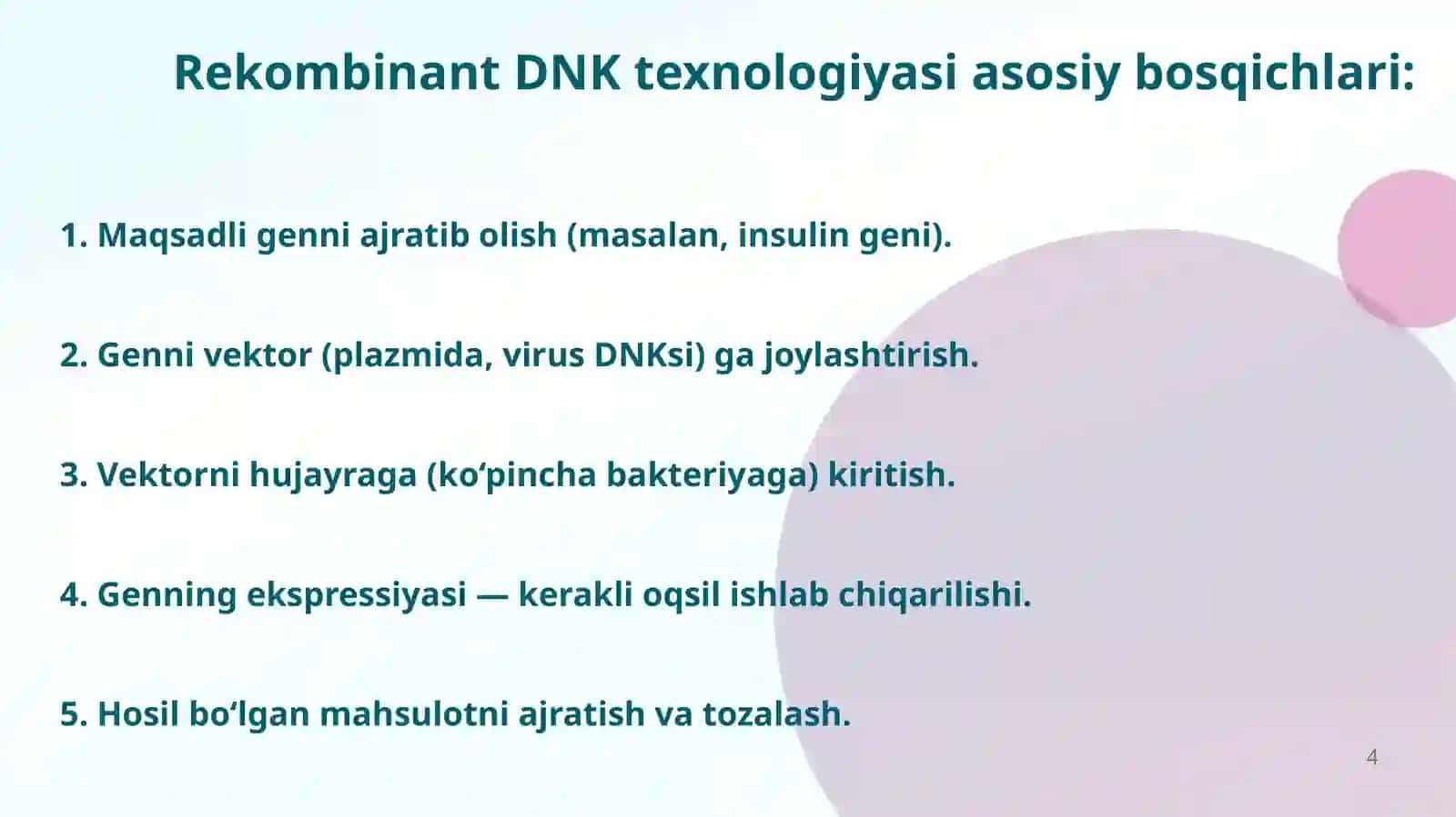 Mavzu:Tibbiyotda DNK rekombinantlarni qo'llanilishi. Viruslarga va o'smalarga qarshi dori vositalarning ta'sir mexanizmi (DNK, RNK fermentlariga nisbatan)PZR- tashxisTopshirdi 4