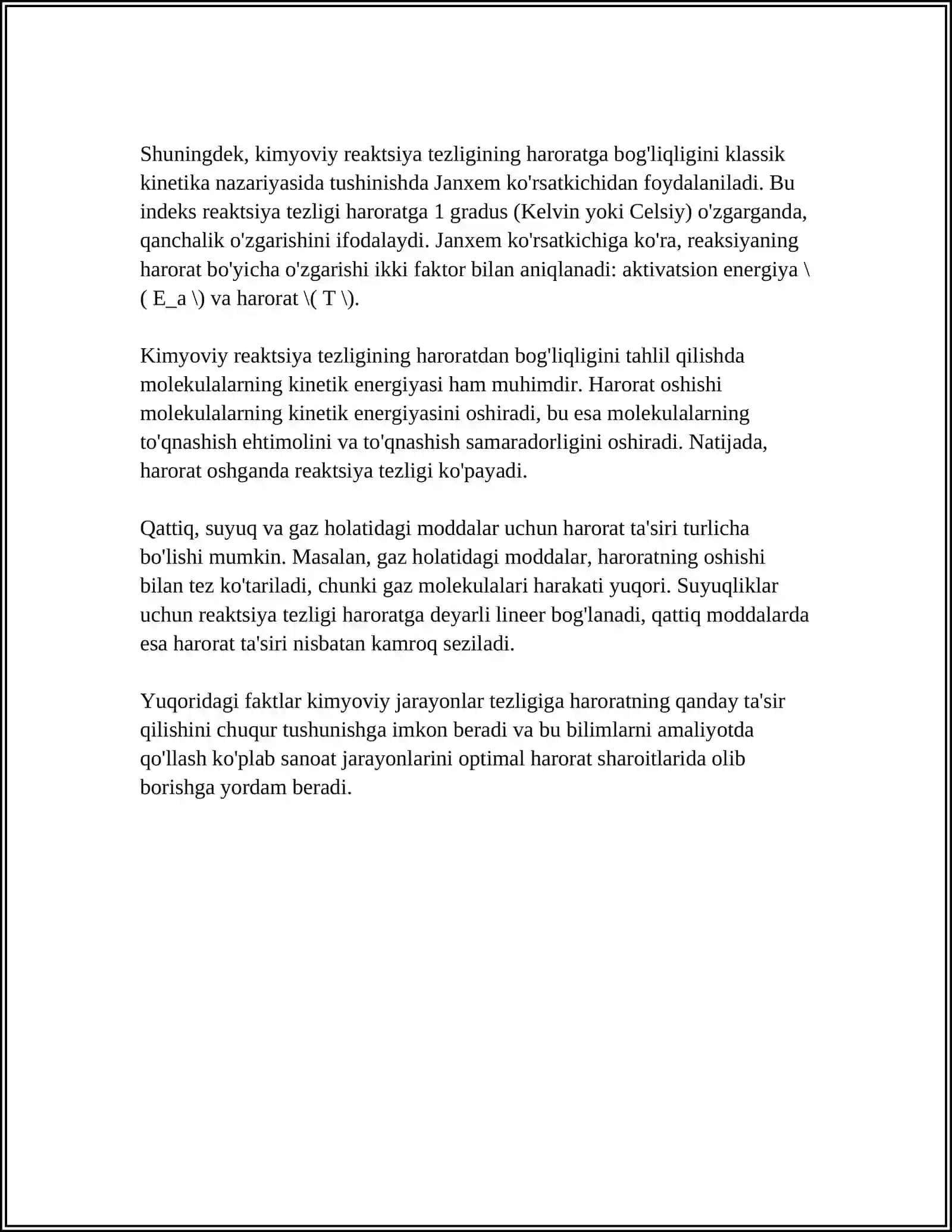 KIMYOVIY JARAYONLAR TEZLIGIGA HARORATNING TA'SIRI 4