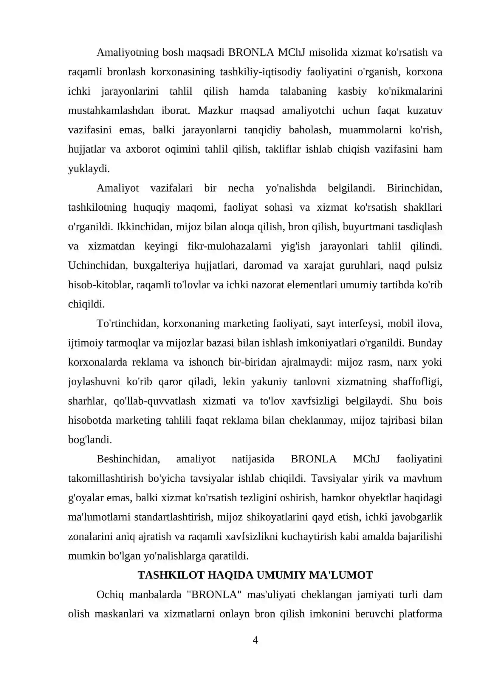 HISOBOT "BRONLA" MAS'ULIYATI CHEKLANGAN JAMIYATIDA O'TKAZILGAN ISHLAB CHIQARISH AMALIYOTI BO'YICHA HISOBOT 4