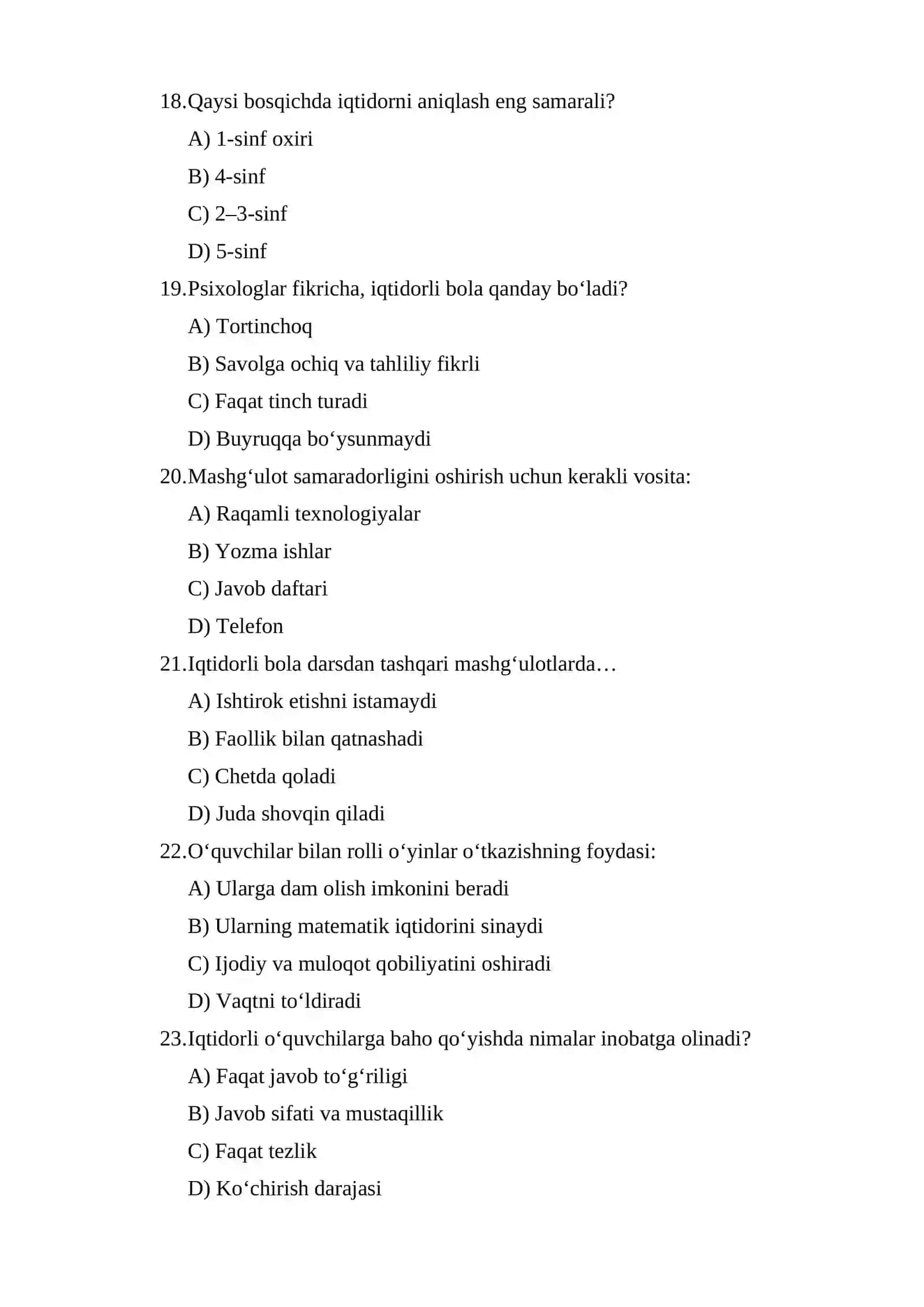 Boshlang‘ich sinfda matematikadan iqtidorli o‘quvchilar bilan ishlash test 4