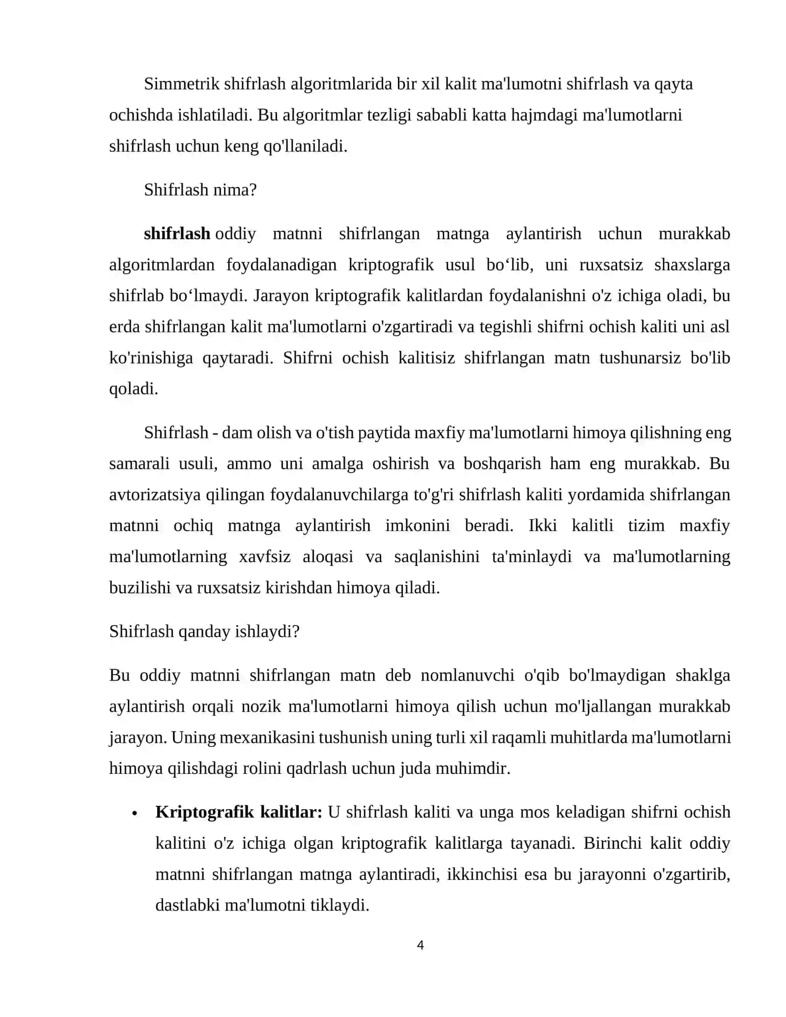 Simmetrik blokli shifrlar. Simmetrik shifrlar tasnifi. Blokli shifirlarni qurish usullari. Blokli shifirlarning parametrlari. DES Shifrlash standarti 4