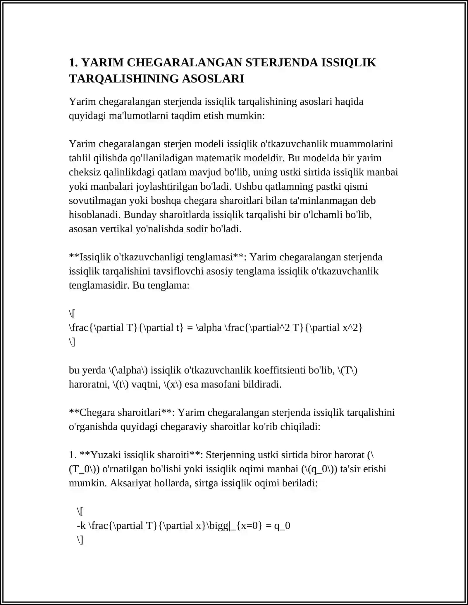 YARIM CHEGARALANGAN STERJENDA ISSIQLIK TARQALISHI,DAVOM ETTIRISH USULLARI 4