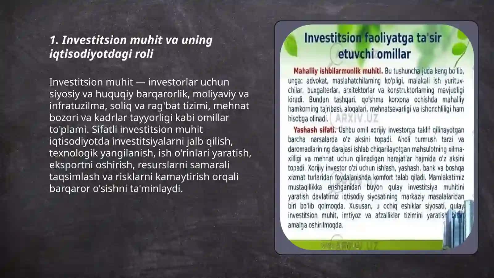 Investitsiya faoliyatini rivojlantirish investotsiyasi muhitini oʻrni 4