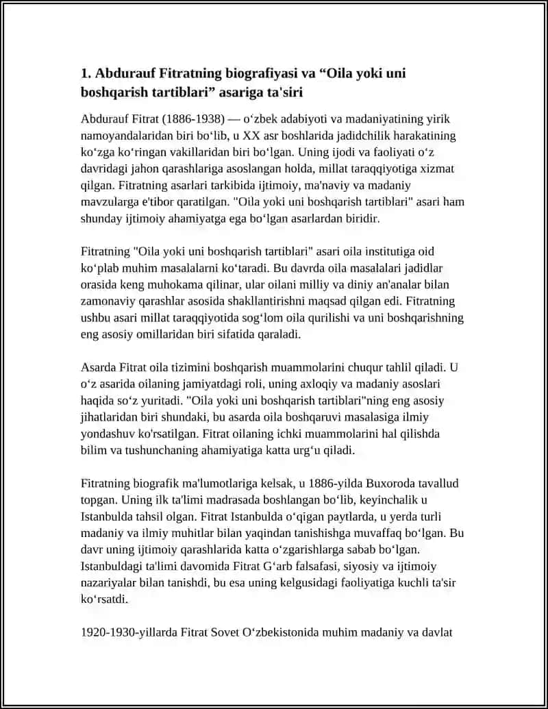 Abdurauf Fitratning "Oila yoki uni boshqarish tartiblari" asarini oʻrganish va tahlil qilish 4