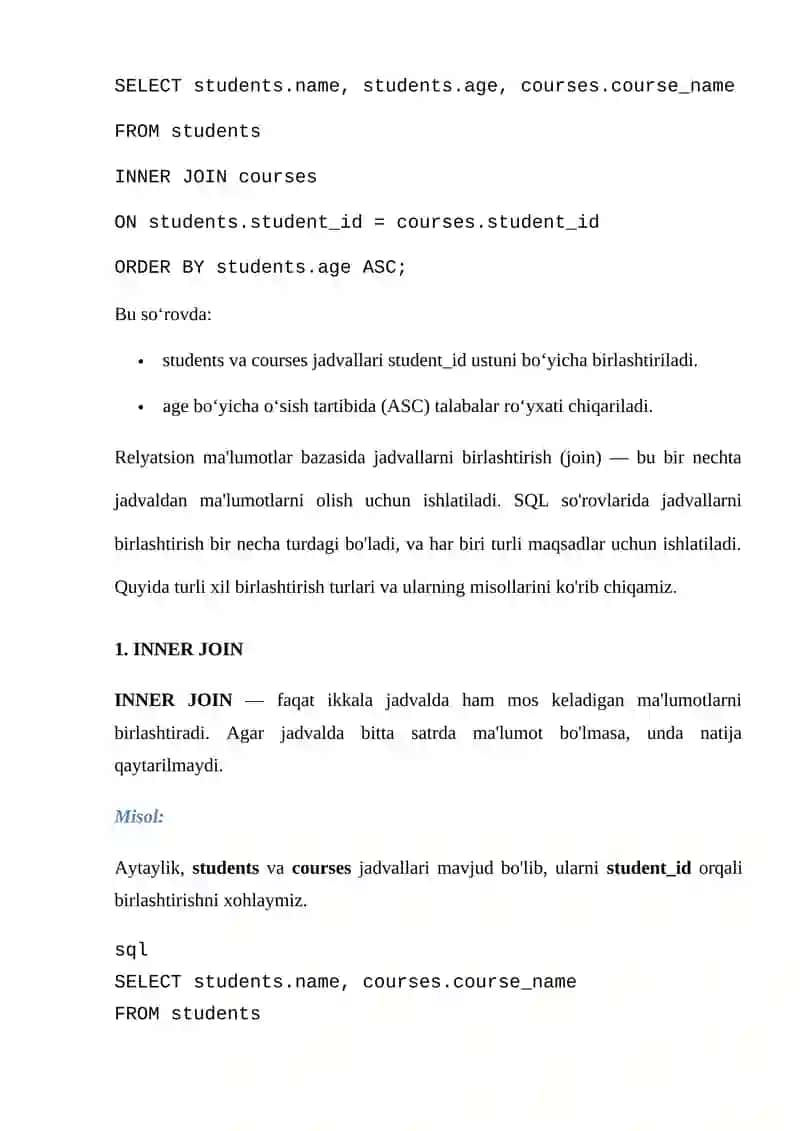 Relyatsion ma'lumotlar bazasida jadvallarni birlashtirish va tartiblash 4
