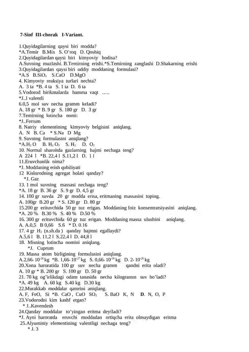 9-Sinf Test III chorak 4