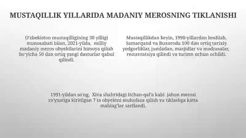 Mustaqillik Yillarida Oʻzbekistondagi Madaniy va Maʼnaviy Taraqqiyoti 4