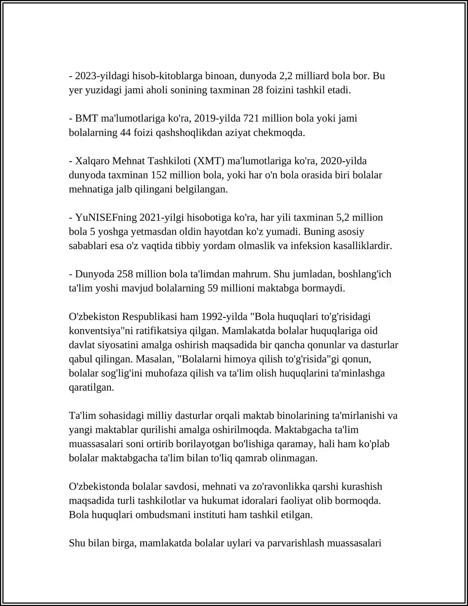 BMTNING "BOLA HUQUQLARI TOʻGʻRISIDAGI KONVENSIYASI" 4