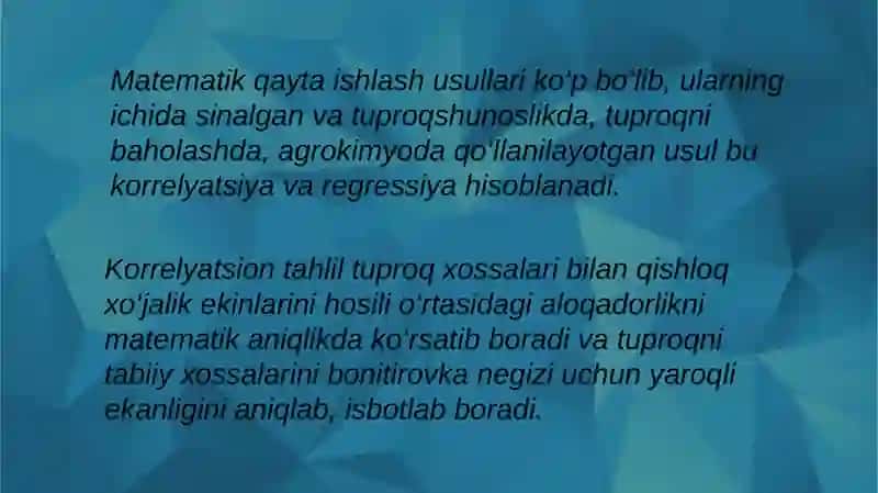 Tuproq xususiyatlari bilan hosil o‘rtasidagi  korrelyatsion bog‘lanishlar  va uni tasvirlash yo'llari 4