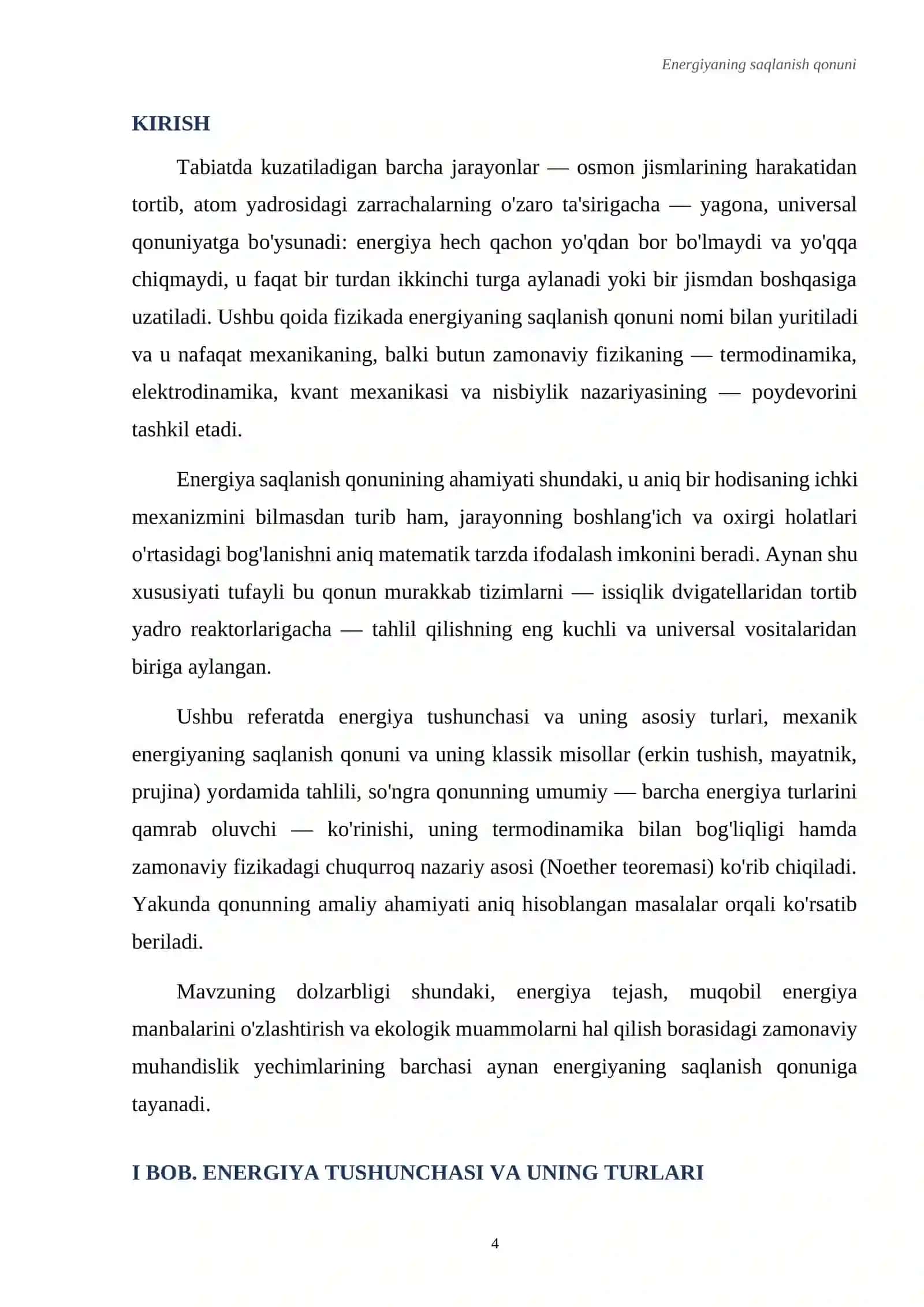 Energiyaning saqlanish qonuni. Referat 4